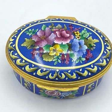 Halcyon Days English Enamels Blue Background Floral Trinket Box- Rare Find 