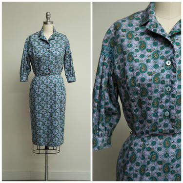Vintage 1950s Dress • The First Day • Blue Floral Paisley Print Cotton 50s Shirtwaist Dress with Puffed Sleeves Size XSmall 