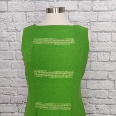 Vintage 60s Sheath Dress //Green Sleeveless Patterned Mod Dress 