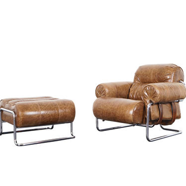 Italian Leather "Tucroma" Lounge Chair and Ottoman by Guido Faleschini