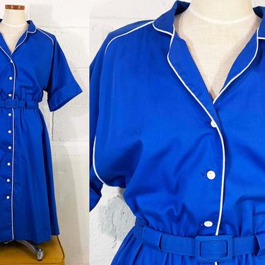 Vintage Royal Blue Dress Cotton White Piping 1970s 70s Short Sleeve Sleeves Elastic Waist Belt Lightweight Summer Shirtdress Large XL 