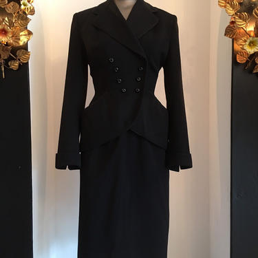 1940s black suit, vintage 40s suit, fitted wool suit, douny junior suit, film noir style, 25 waist, bombshell suit, 2 piece skirt suit 