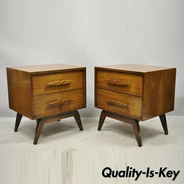Mid Century Modern Sculpted Walnut Two Drawer Nightstands Bedside Tables - Pair