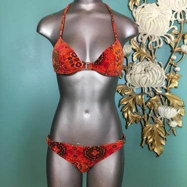 1960s swimsuit, vintage bikini, Velvet bathing suit, size x small, high tide California, 2 piece swimsuit, hippie style, red and orange, 24 