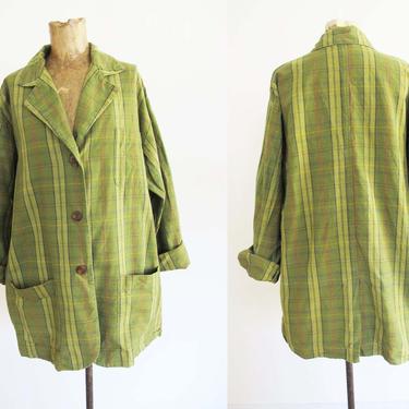 Vintage 90s Green Plaid Chore Coat L - Esprit Long Cotton Jacket - Casual Relaxed Fit Light Weight Cotton Jacket 