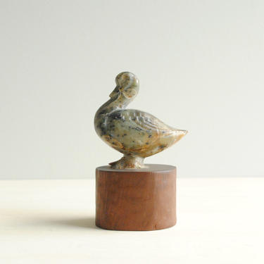 Vintage Carved Soapstone Bird Figurine on a Wood Pedestal, Small Stone Bird Figurine, Duck Figurine 