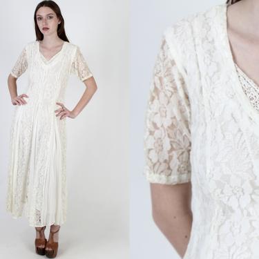 1990s Ivory Grunge Dress / Off White Sheer Lace Maxi / 90s Full Skirt Gypsy Dress / Vintage V Neck Lined Wedding Long Dress 
