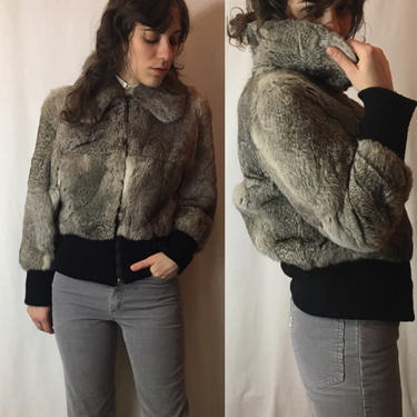 Vintage 1970s Rabbit Fur Bomber Jacket | Cropped Collared Coat, Bunny Fur Luxe Jacket, Ribbed Knit Trim, Made in Hong Kong, Small 