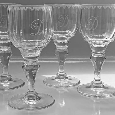 Vintage Crystal Stemware 4 Small wine glasses Etched Rim & Monogrammed D 