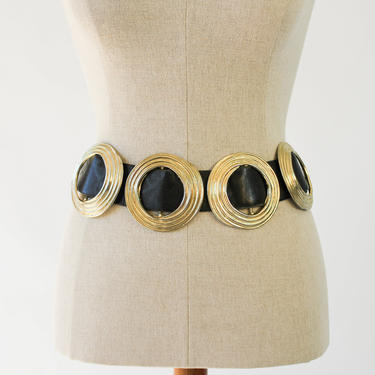 Vintage 90s Nina Arjani Black Leather and Brass Art Deco Concho Adjustable Hip Belt | Made in USA | 100% Leather | 1990s Designer Belt 