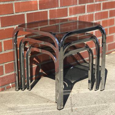 Free Shipping Within US - Vintage Art Deco Nesting Table Stand with Tinted Glass 