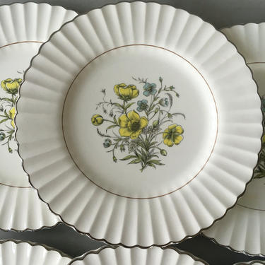 Vintage JG Meakin Classic White Dinner Plates with Flowers, Platinum Trim, set of 6 | Cheltenham Silver, yellow flowers, ironstone plates 