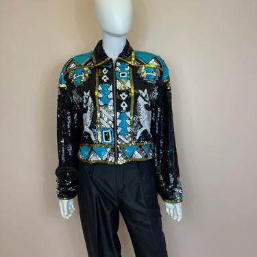 Vtg 1980s western teal and black horse sequin jacket 