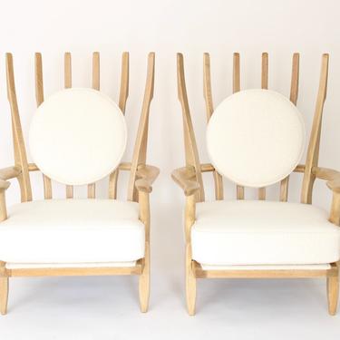 Pair of French Bleached Oak Grand Repos Lounge Chairs Guillerme et Chambron Votre Maison
