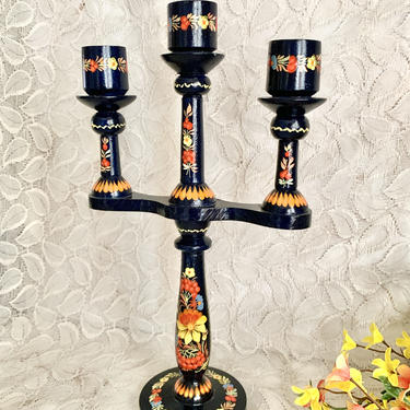 Hand Painted Wood Candle Holder, Russia, Candleabra, Candlestick, Farmhouse, Sustainable Living, Vintage 