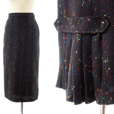 Vintage 1980s Pencil Skirt | 80s does 50s Flecked Wool Black High Waisted Pleated Kick Secretary Work Skirt (x-small) 