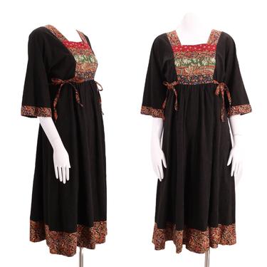 70s YOUNG EDWARDIAN black peasant dress S / vintage 1970s Arpeja black floral print prairie festival dress 