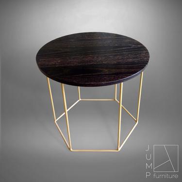 Modern End Table Featuring an Ebonized  Oak Top and Brass Finished Hexagonal Base 