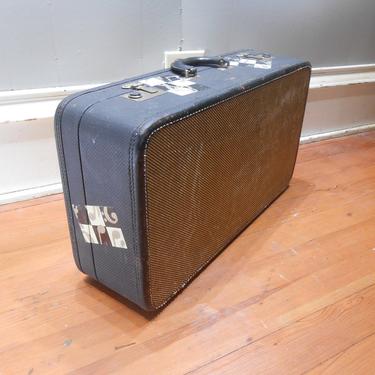 Vintage Tweed Suitcase Retro Travel Luggage 1930s 1940s Navy Blue Lining Photo Prop Repurpose Project Herringbone Brown Plaid Design 
