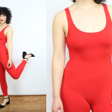 Vintage 80's 90's Red Stretchy Bodysuit Jumpsuit / 1980's Electric Red Jumpsuit / GLOW / Women's Size Small - Medium by Ru