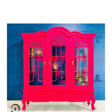 Oversized Eclectic Hutch. Neon Painted Display Cabinet. Artistic Boho China Cabinet. Bright Colorful Bookcase. Refinished Indonesian Teak 