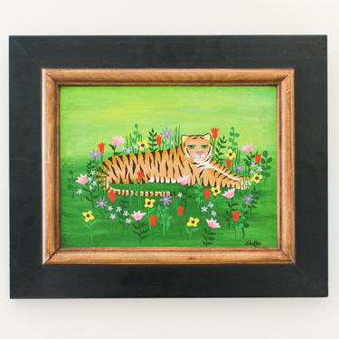 Vintage Signed Framed Painting of Tiger and Flowers on Canvas Artwork by Artist Diane Schaffer Wall Decor Hanging Art - Mid Century 