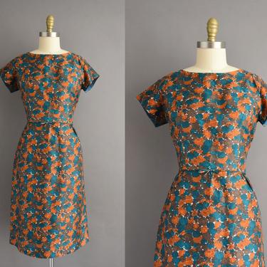 vintage 1950s dress | Gorgeous Blue & Orange Floral Print Short Sleeve Pencil Skirt Dress  | Large | 50s vintage dress 