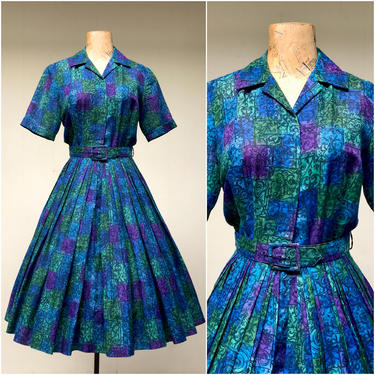 Vintage 1950s Jewel Tone Cotton Print Shirtwaist Dress, 50s Short Sleeve Frock with Full Pleated Skirt, Small to Medium 