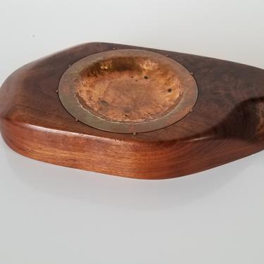 Mid-Century Handmade Wood Ashtray With Copper Tray Insert 
