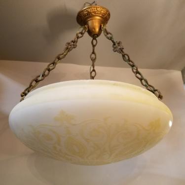 Antique Etched Satin Milk Glass Fixture. 18" Shade. 22" Long