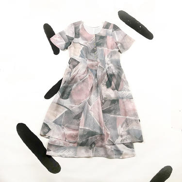 80s 90s Gray and Pink Abstract Marble Print Short Sleeve Shirtdress / Large / Peplum / Layers / Maxi Dress / Open Front / Pastel / Muted 