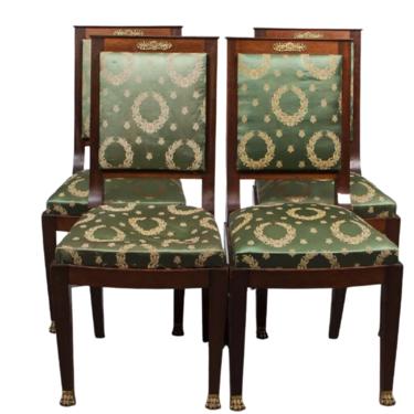 Dining Chairs, Four French Empire Style Mahogany, Green, Vintage / Antique