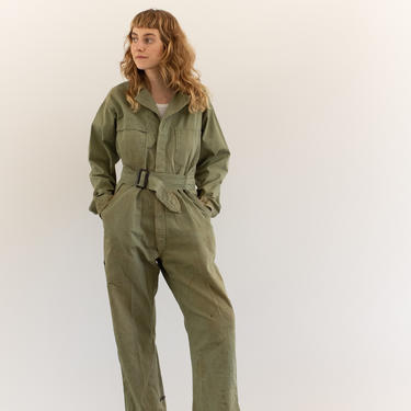 Vintage Green Herringbone Twill Belted Coverall | Painter Army Jumpsuit Flight Suit | Studio Boilersuit | GC006 