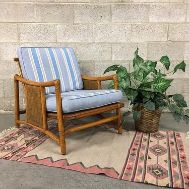 LOCAL PICKUP ONLY Vintage Bamboo and Cane Lounge Chair Retro 1970's Low Back Chair with Removable Striped Cushions 