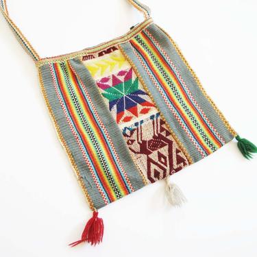 Vintage 60s Hippie Purse - 1960s Mexican Souvenir Bag - Rainbow Stripe Embroidered Boho Purse - Fabric Cross Body Shoulder Bag 