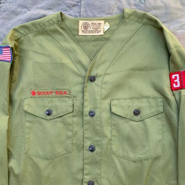 GNARLY 70s Boy Scouts Shirt M L Made In USA Patches BSA Baseball Style Sanforized 