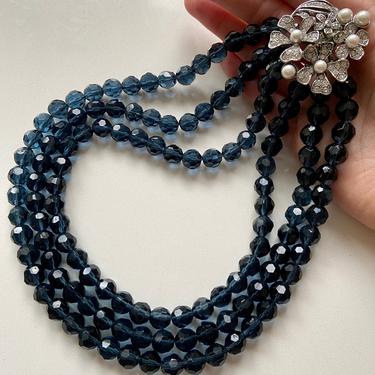 Mid Century Midnight Blue Multi Strand Crystal Pearl Flower Necklace
