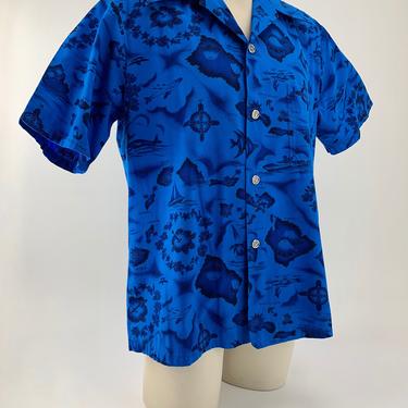 1960'S Hawiian Shirt - UI-MAIKAI Label - Vivid Blue Cotton - Screen Printed Details with Gold - Wide Lapels - Men's Size LARGE 
