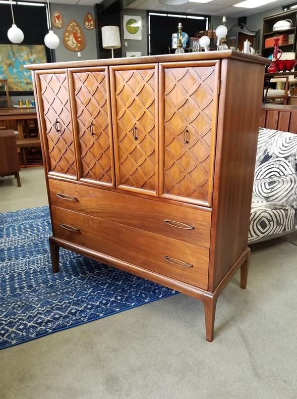                   Mid-Century Modern chest on chest with lattice fronts
