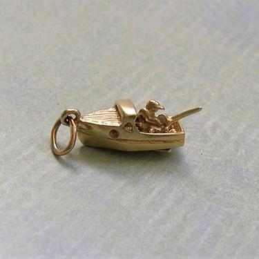 Vintage 14K Gold Man in Boat Fishing Charm, Old Moveable Fishing Charm, Unusual 14K Gold Vintage Charm (#3906) 