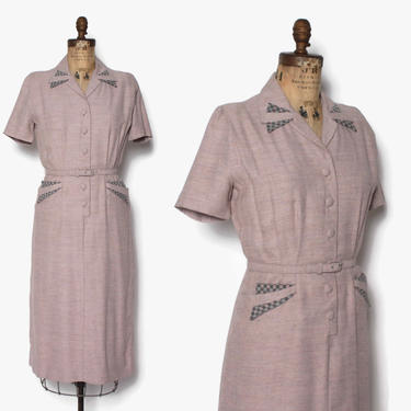 Vintage 50s Belted Heather Pink Day Dress / 1950s Checkerboard Trim Fitted Shirt Dress with Pockets 