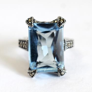 Art Deco 80's sterling marcasite blue topaz CZ size 6.25 cocktail ring, big cubic zirconia pyrite 925 silver bling statement 