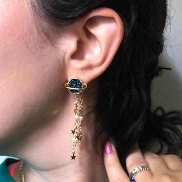 Blue Druzy Saturn Studs with Star and Pearl Chain Ear Jacket Dangles Two Part Earrings Gold Saturn Space Earrings 