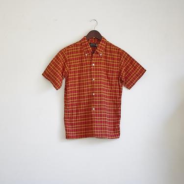 Vintage Mens Plaid Shirt, Red and Yellow Plaid Button Down, Short Sleeve Collared Oxford Shirt, Small 