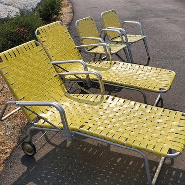 Mid Century Modern Desert Craft Pool Furniture Set 1960's Patio Furniture Chaise Lounge and Chairs Yellow Webbed Chairs 
