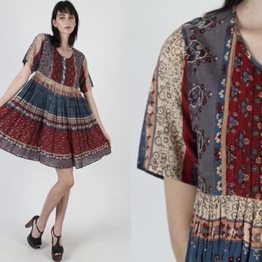 Vintage 90s India Grunge Dress / 1990s Indian Floral Dress / Ethnic Flower Print Gypsy Babydoll Full Skirt Mini Dress 