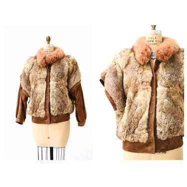 70s 80s Vintage Fur Vest Jacket Brown Rabbit Coyote Fur Jacket Coat Medium Tan// Vintage Fur Vest Leather Jacket Removable Sleeves Jacket 