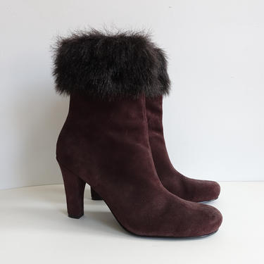 Vintage 90s Faux Fur Trimmed Boots/ 1990s High Heel Brown Suede Ankle Boots with Front Seam/ Size 7 7.5 8 
