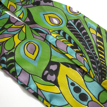 Groovy Vintage 60s 70s Green Yellow Purple Blue Paisley Long Satin Scarf 