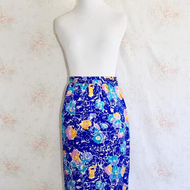 Vintage 80s Silk Skirt, 1980s Floral Skirt, High Waisted, Slip Skirt, Flower Print, Abstract, Bold, Funky 